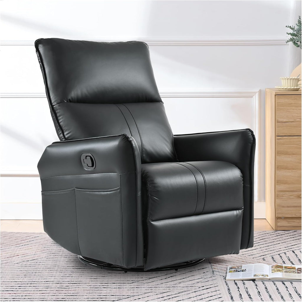 cinkehome Overstuffed Swivel Glider Recliner, Manual Swivel Rocking Recliner, Faux Leather Rocker Recliner Chair, Side Pockets, Black
