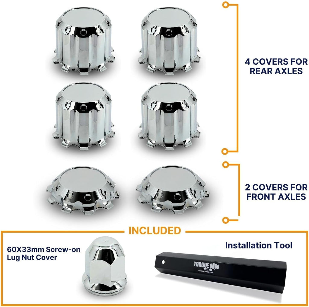 TORQUE Luxury Chrome Front and Rear Axle Complete Wheel Cover Set 33mm Screw-on Lug Nut Covers for Semi Trucks (Installation Tool Included) Standart Hub Caps Kit (2 Front & 4 Rear) (TR634)