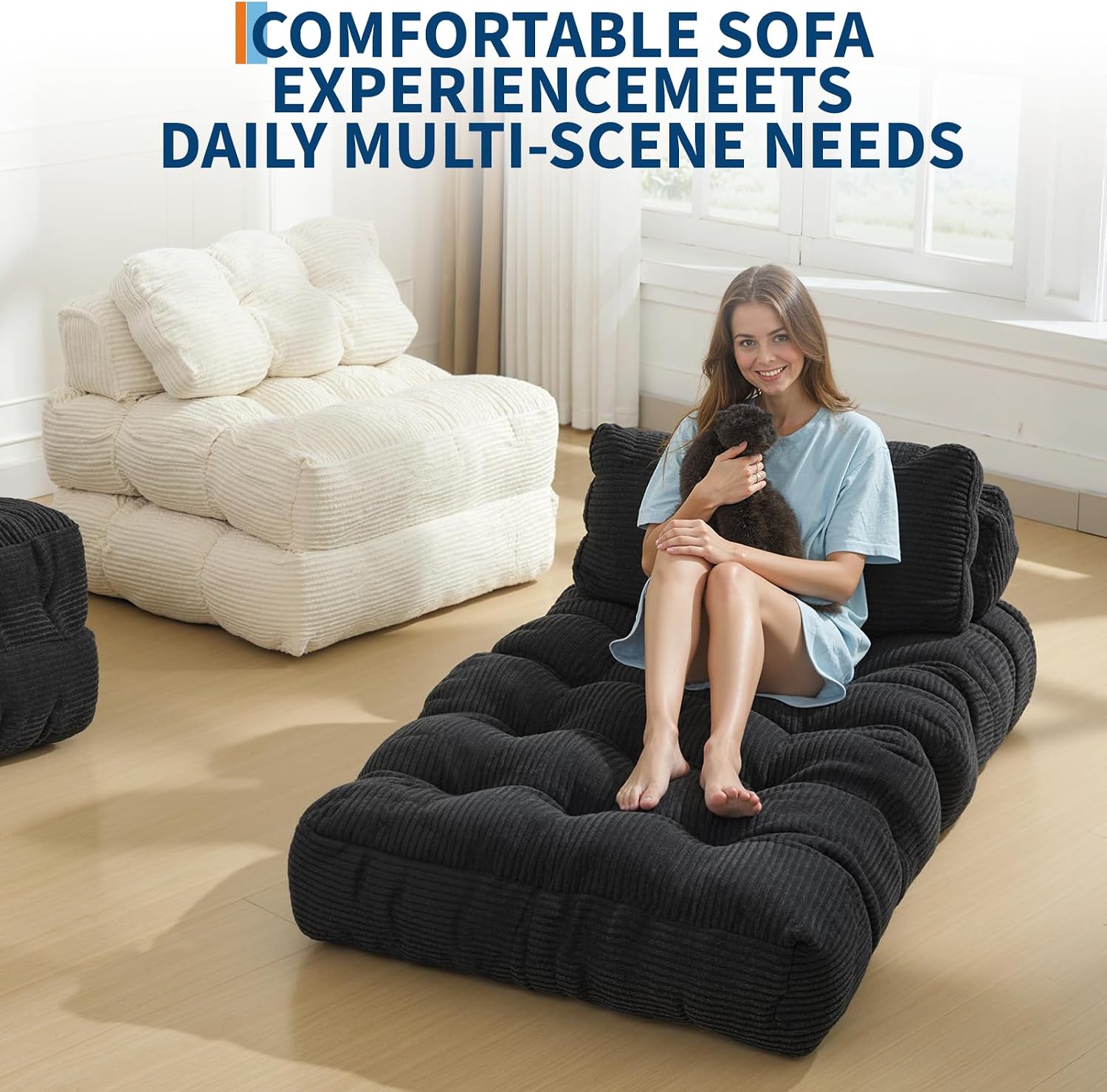 Garvee Folding Sofa Bed, Convertible Sleeper Chair with Pillow Foldable Mattress with Back Support, Boneless Fold Out Chair Bed Comfy Floor Sofa Lounge for Living Room, Bedroom, Black, Single