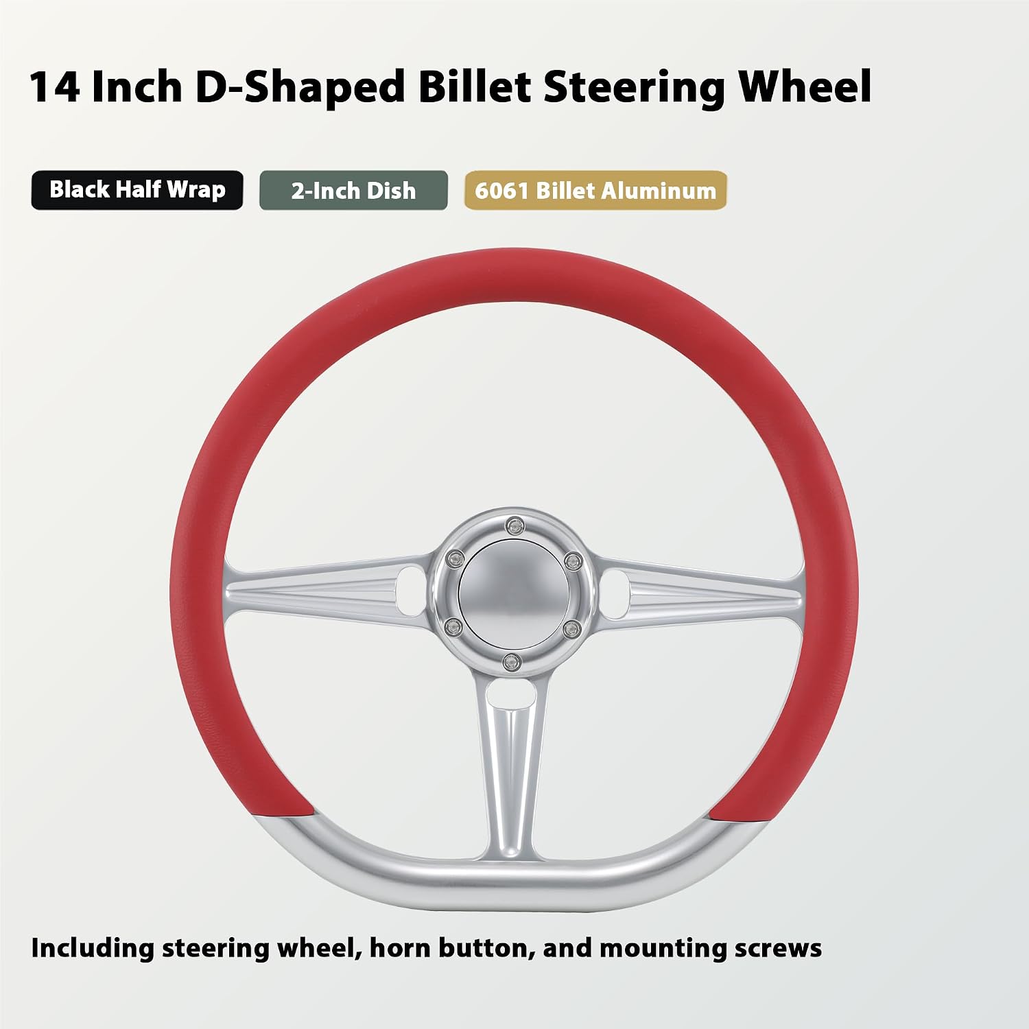 14' Satin Billet Steering Wheel with Half Wrap and Horn Button (Red)