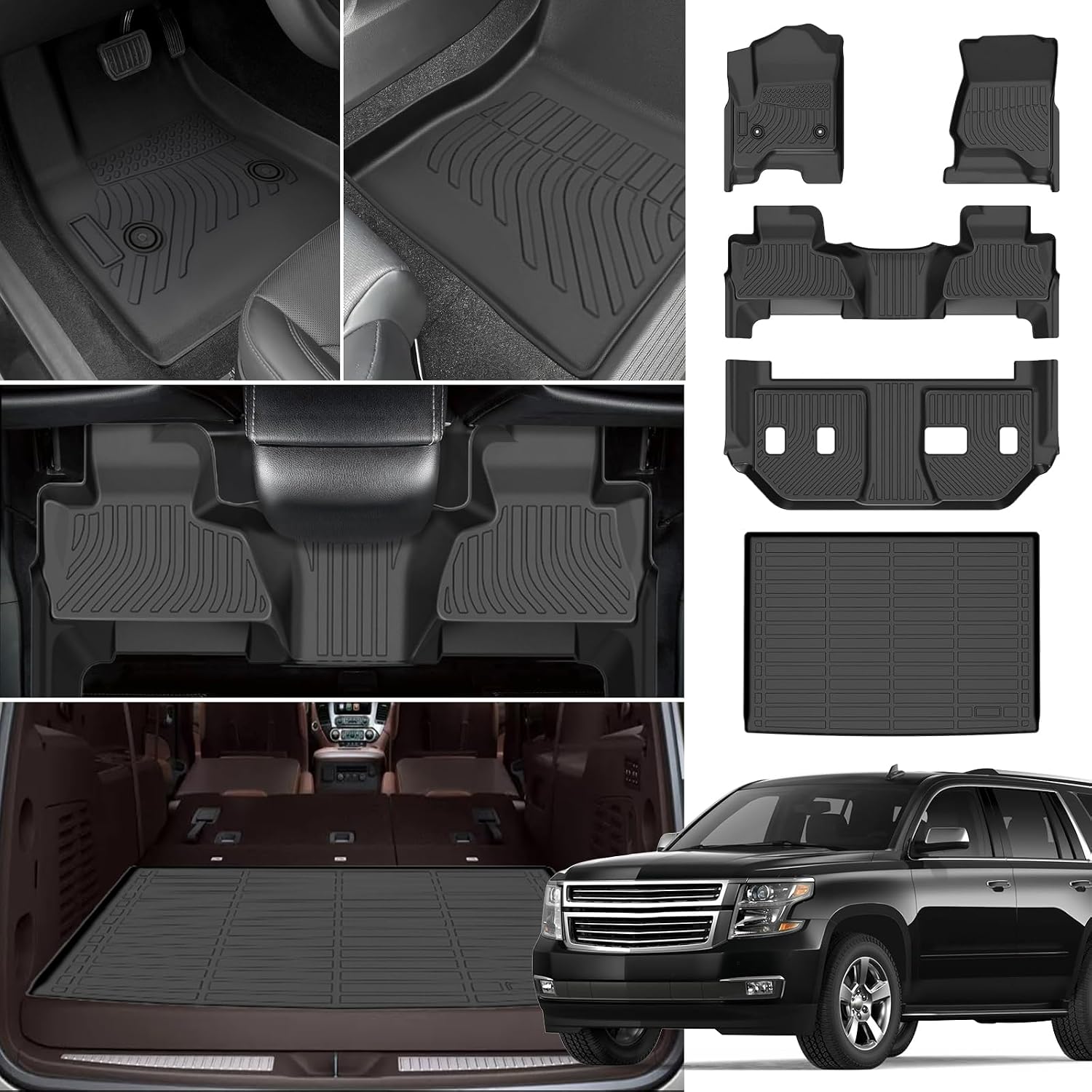Floor Mats for Chevy Suburban 2015-2020, for GMC Yukon XL(with 2nd Row Bench), 7 Seats, 1st & 2nd & 3rd Row &Cargo Mat, TPE Non-Slip Waterproof Summer Winter Chevrolet Suburban Car Accessories