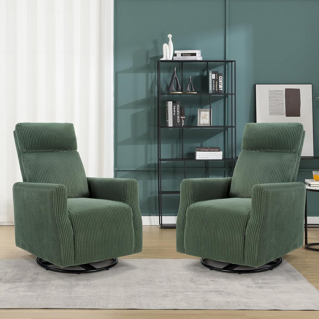CANMOV Swivel Rocker Chair Set of 2, Swivel Accent Chair with High Back and Arms, Corduroy Glider Chair for Living Room Bedroom Nursery, Green
