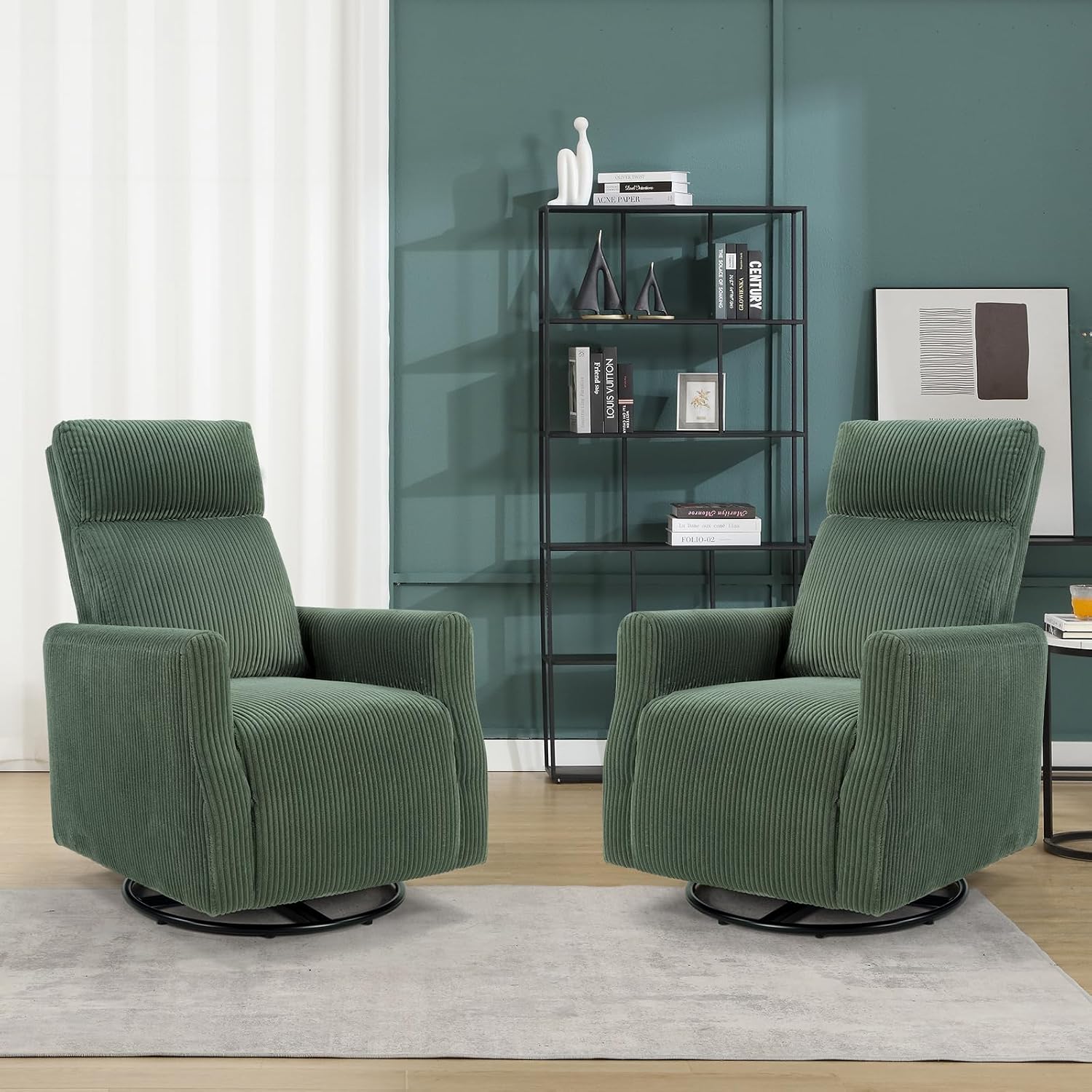 CANMOV Swivel Rocker Chair Set of 2, Swivel Accent Chair with High Back and Arms, Corduroy Glider Chair for Living Room Bedroom Nursery, Green