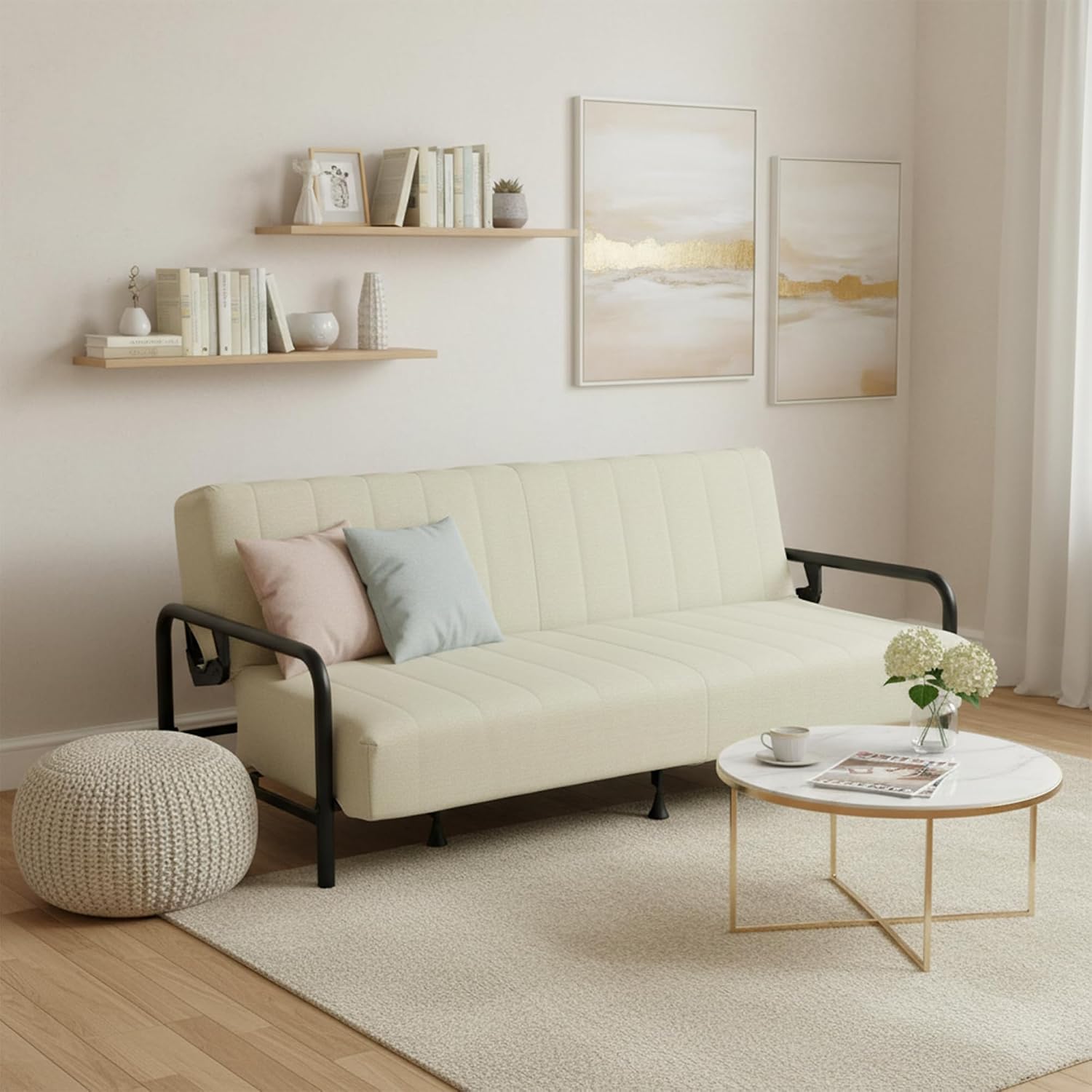 Homy Casa Modern Beige Futon Sofa Bed with Arm, 78.74' 3-Position Adjustable Backrest, Metal Frame, Capacity 500 lbs, Convertible Daybed for Living Room/Guest Room/Studio Apartment