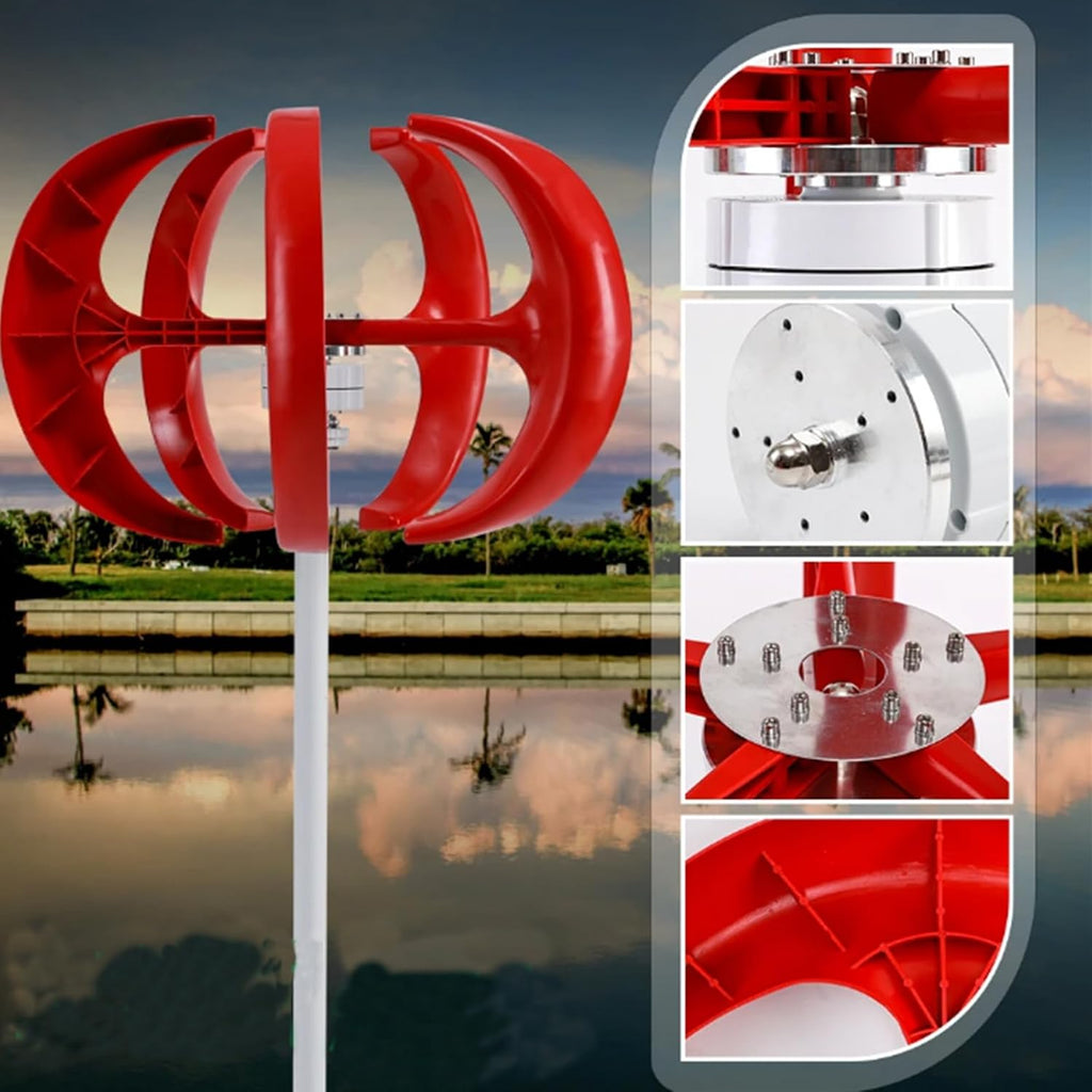 1000W Wind Turbine Vertical Permanent Maglev Generator,12V 24V 48V with Charge Controller Applicable Emergency Power Generation-5 Blades (Red)