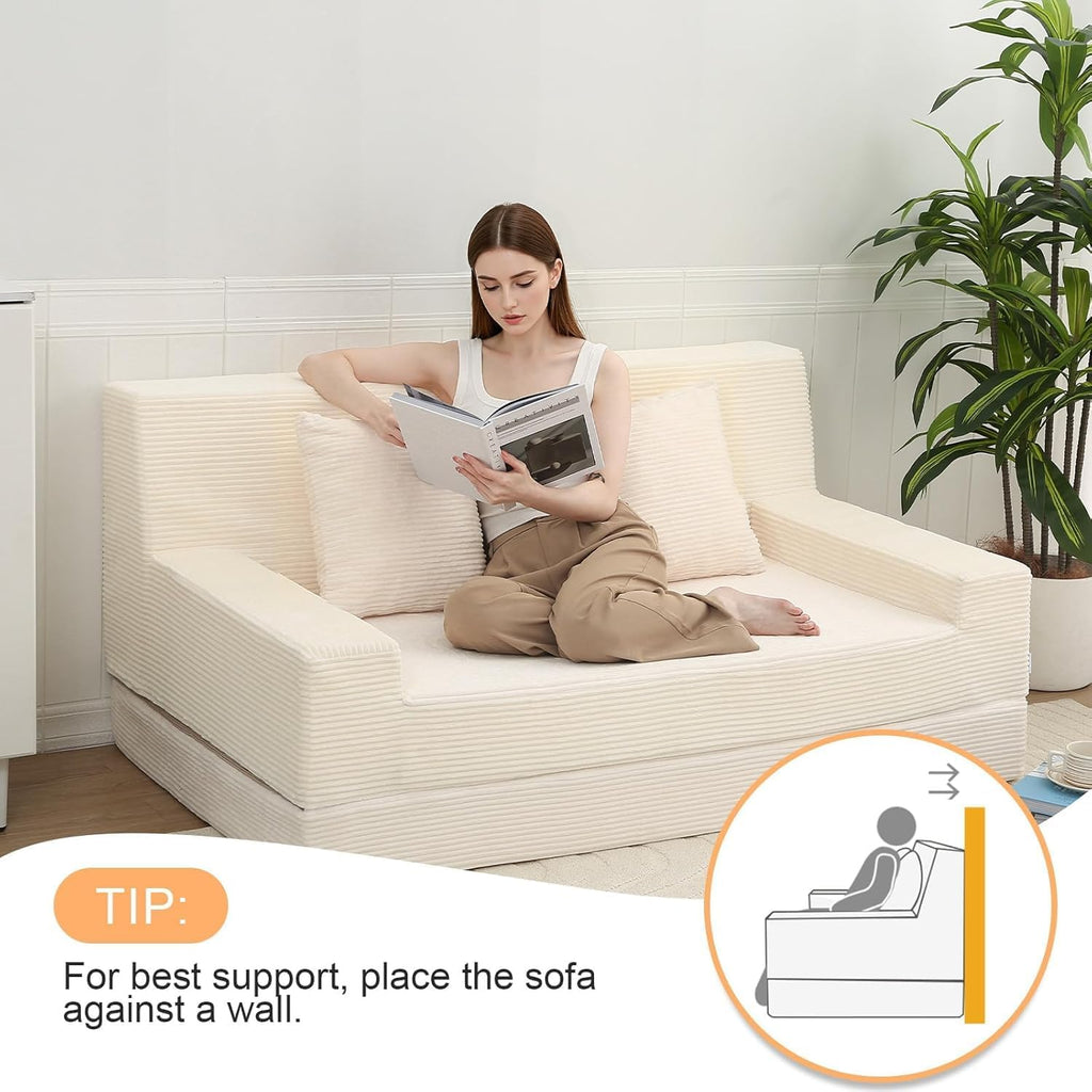 MeMoreCool Boneless Folding Queen Sofa Bed – Corduroy Convertible Futon Sleeper Couch with Foam Core & Pillow, Washable Cover, Space-Saving Floor Sofa for Living Room, Guest Bedroom, Apartment