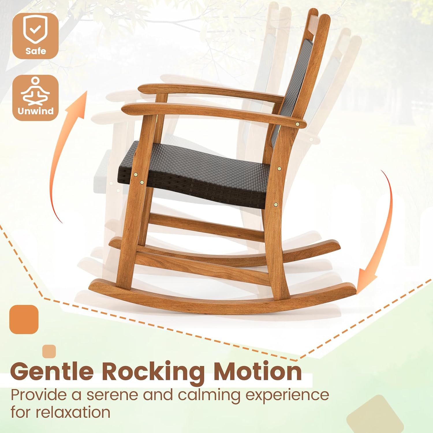 Tangkula 3 Pieces Patio Rocking Chair Set, Patiojoy Acacia Wood Rocker with Side Table, Outdoor Chairs with Wicker Rattan Seat & Backrest, Patio Bistro Set for Garden, Backyard, Poolside