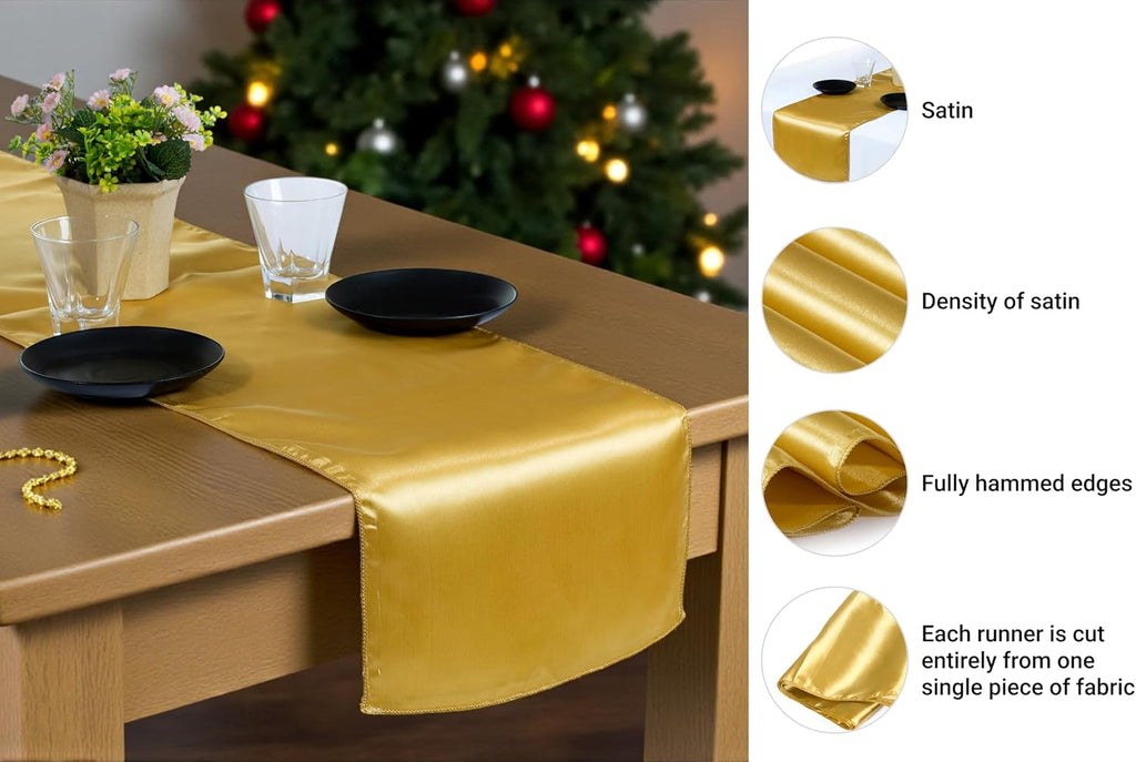 MDS 50 PCS Satin Table Runners 12 x 108 Inch Charmeuse Sateen Silk Table Runner for Indoor Outdoor Wedding Reception Birthday Graduation Party Event Banquet Dining Table Decoration - Gold