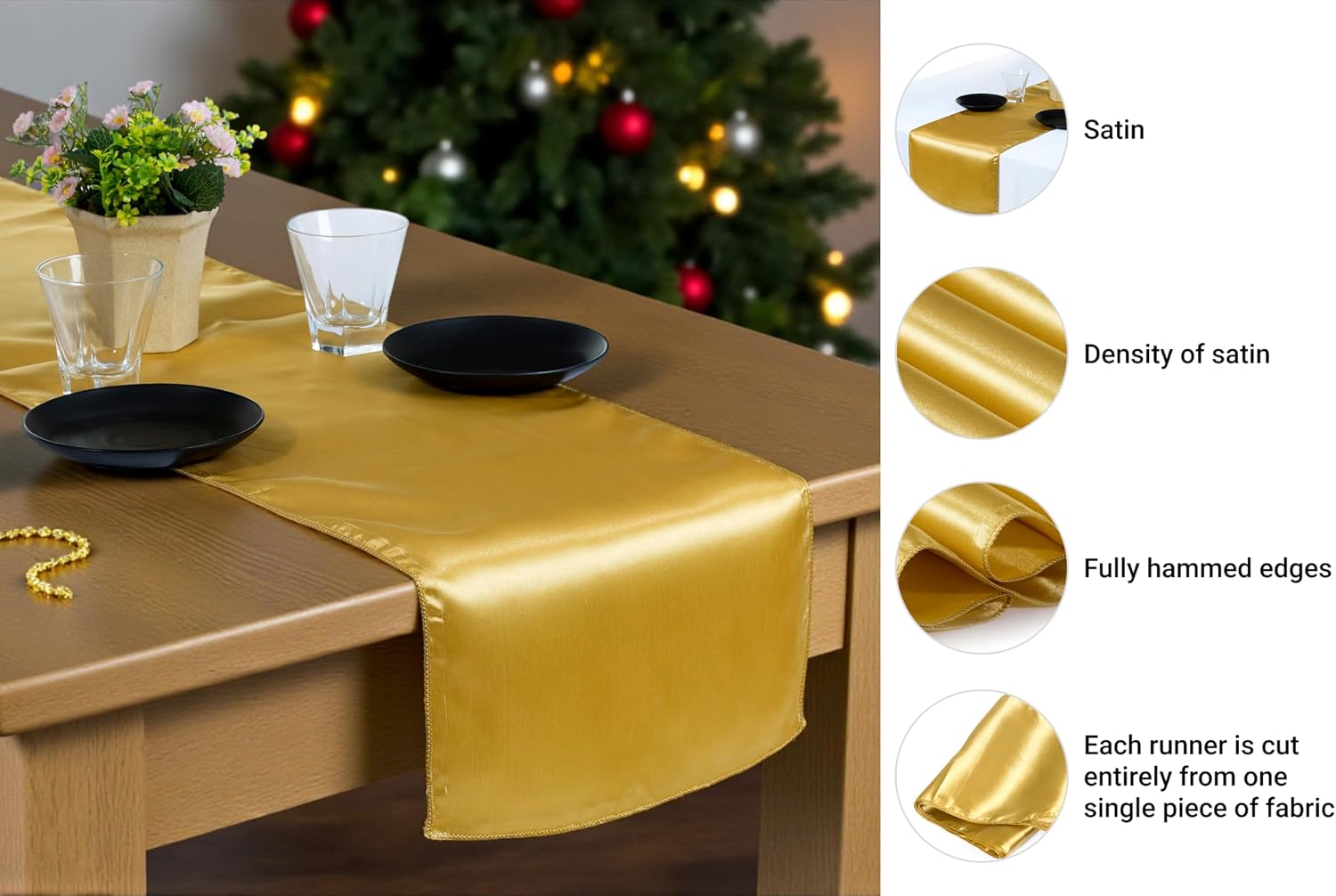 MDS 50 PCS Satin Table Runners 12 x 108 Inch Charmeuse Sateen Silk Table Runner for Indoor Outdoor Wedding Reception Birthday Graduation Party Event Banquet Dining Table Decoration - Gold
