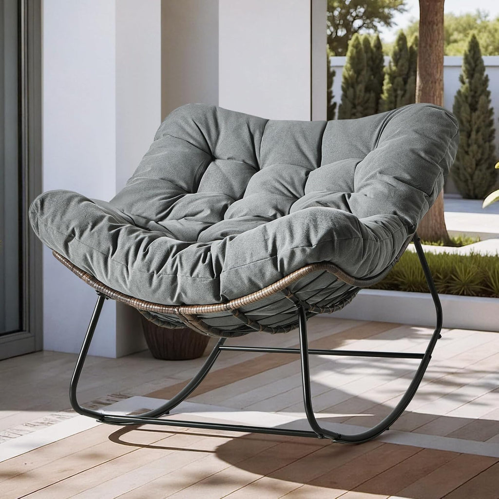 Outdoor Rocking Chair, Oversized Papasan Wicker Lounge Chair with Cushion, Relaxing Patio Rocker, Indoor Reading Egg Chair for Porch, Patio, Bedroom, Garden (Dark Grey)