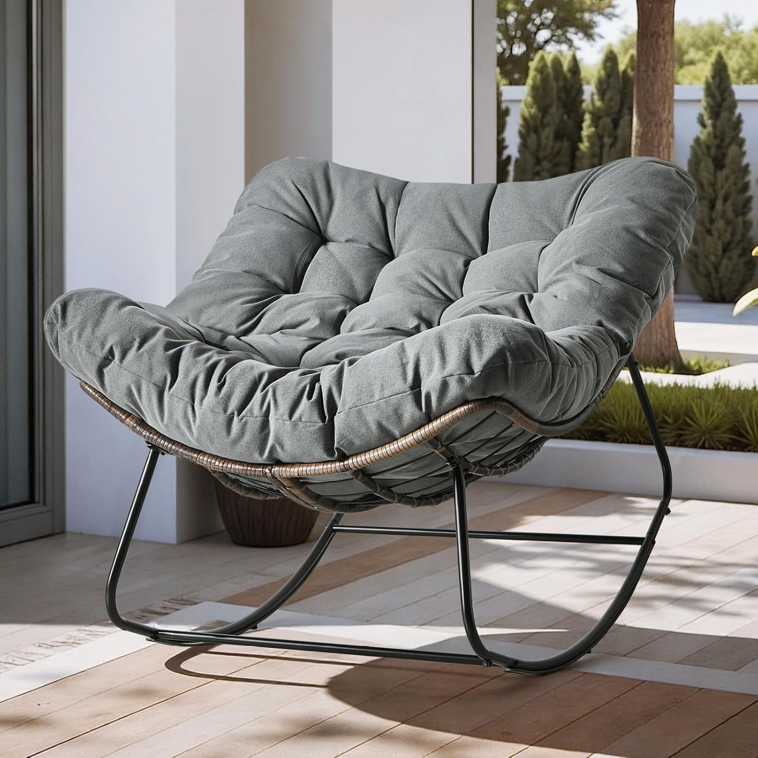 Outdoor Rocking Chair, Oversized Papasan Wicker Lounge Chair with Cushion, Relaxing Patio Rocker, Indoor Reading Egg Chair for Porch, Patio, Bedroom, Garden (Dark Grey)