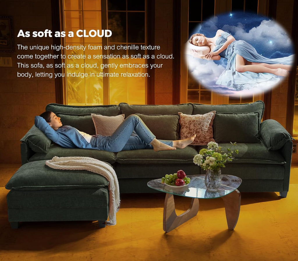 ELUCHANG 116' L Shaped Modular Sectional Cloud Couch with Pillow, Deep Seat Sofa Couches for Living Room, 4-Seat Modern Sofa with Movable Ottoman, Chenille Green