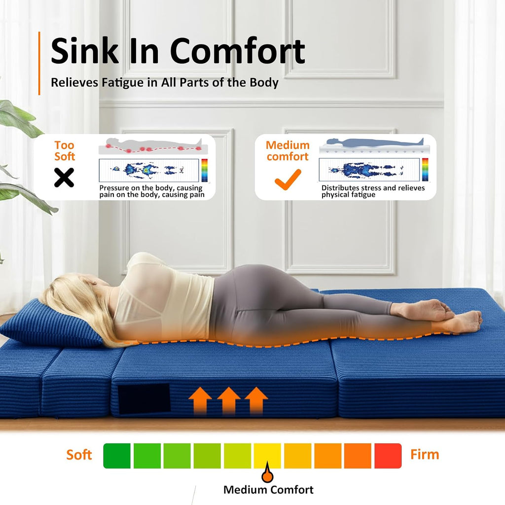 JKMAX Queen Size Folding Sofa Bed - 4 in 1 Convertible Sleeper Chair with Two Pillows - High Density Memory Foam Futon Couch - Foldable Bed for Living Room Bedroom (Blue)