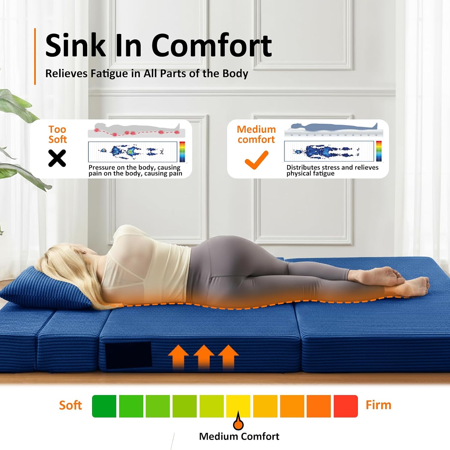 JKMAX Queen Size Folding Sofa Bed - 4 in 1 Convertible Sleeper Chair with Two Pillows - High Density Memory Foam Futon Couch - Foldable Bed for Living Room Bedroom (Blue)
