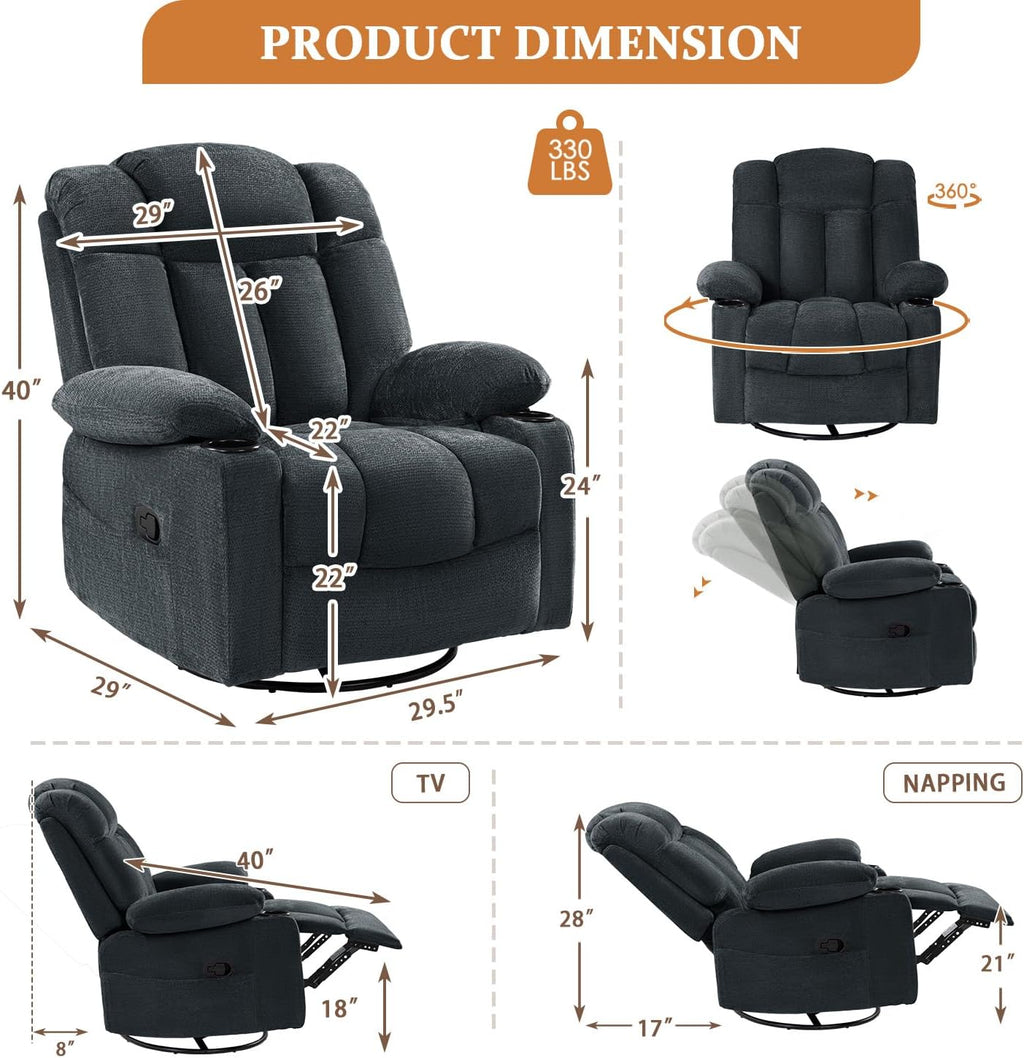 Swivel Rocker Recliner Chair for Adults – Manual Glider Sofa with Massage, Heat & Vibration, 360° Rocking for Living Room (Blue, 30'x30'x40')