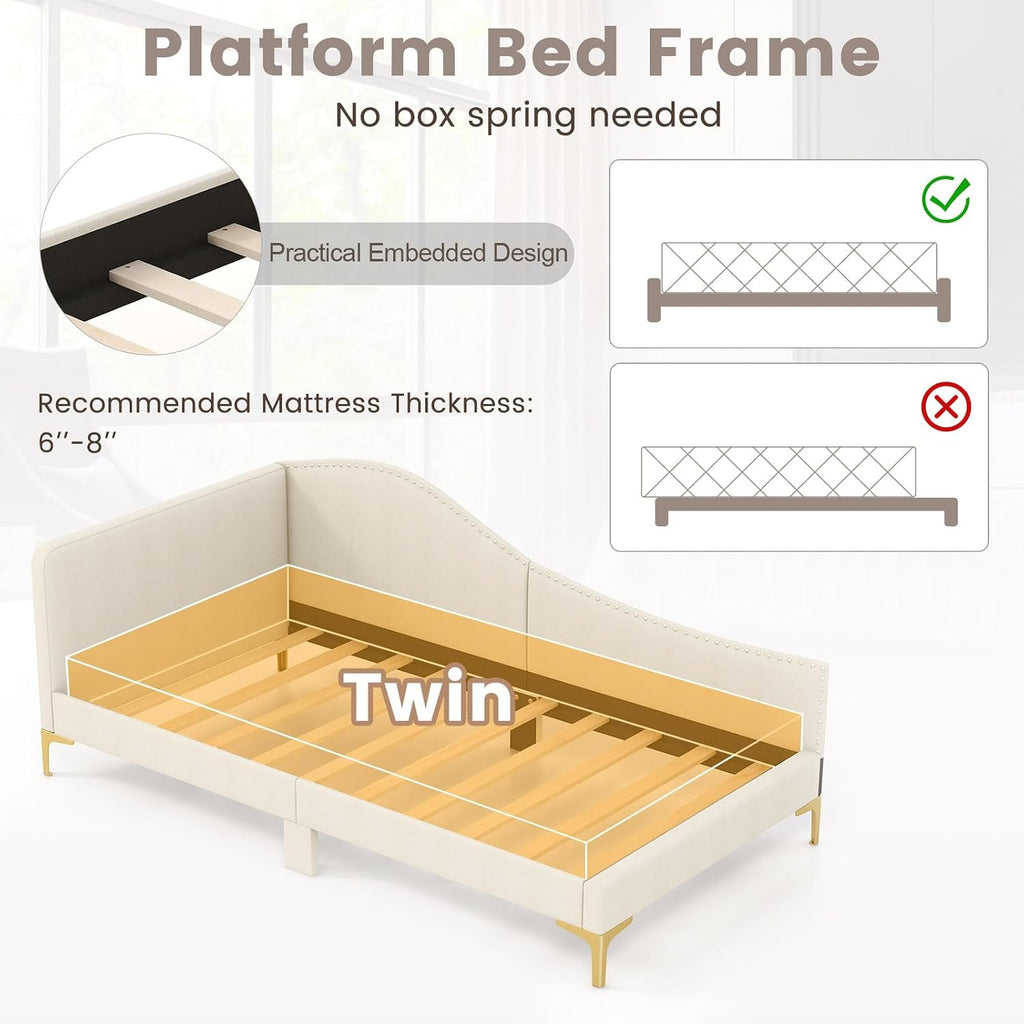 Giantex Twin Size Upholstered Daybed, Rivet-Tufted Platform Bed with Headboard, Metal Legs & Wood Slats, L-Shaped Corner Sofa Bed for Living Room & Guest Room, No Box Spring Needed, Beige