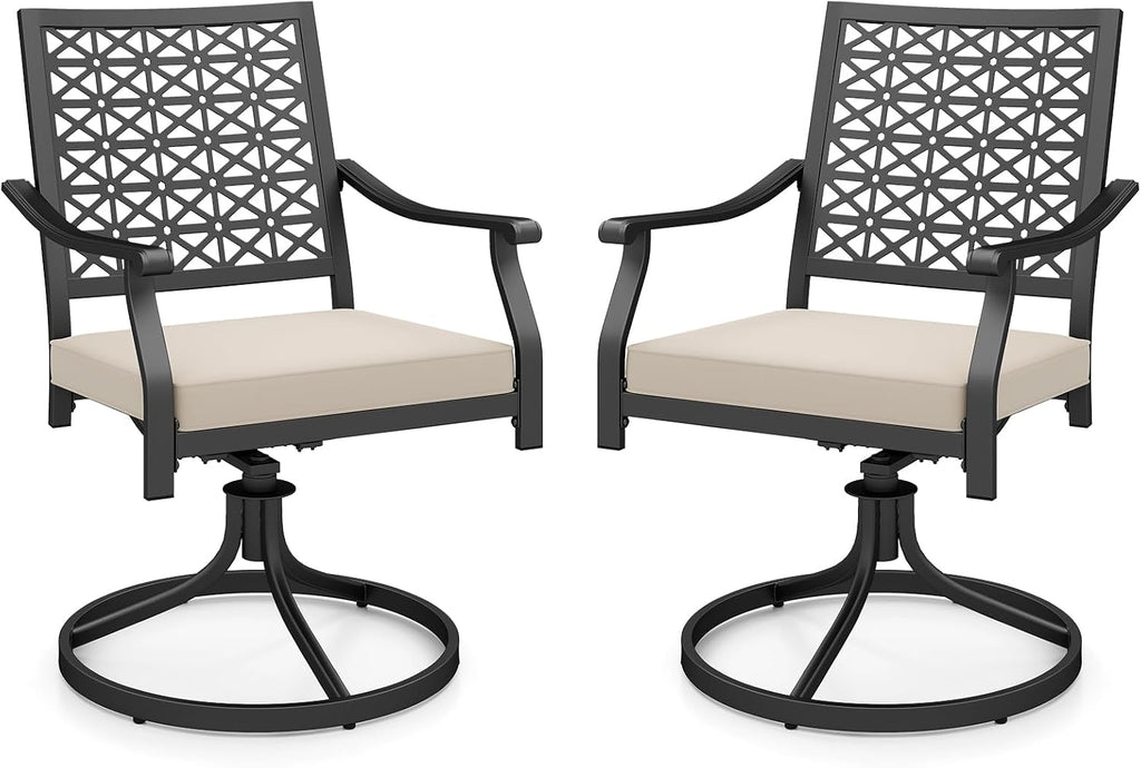 Giantex 2 Pack Swivel Outdoor Chairs, Set of 2 Patio Dining Rocking Chairs with Soft Cushions, Round Steel Base, Porch Garden Backyard Lawn Poolside Beige