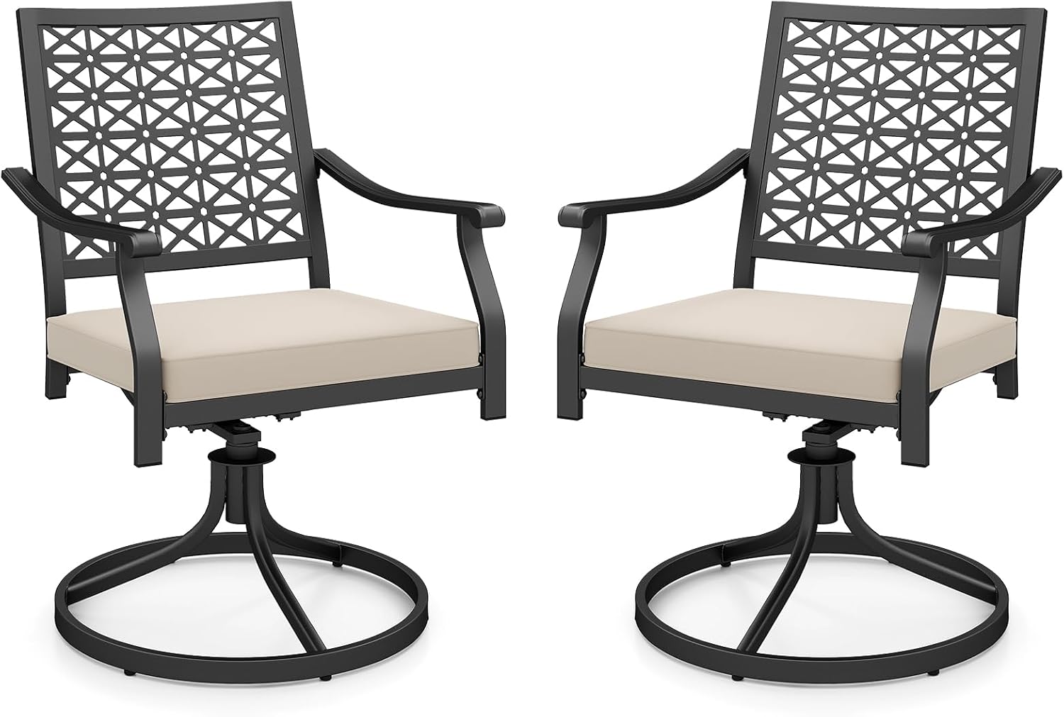Giantex 2 Pack Swivel Outdoor Chairs, Set of 2 Patio Dining Rocking Chairs with Soft Cushions, Round Steel Base, Porch Garden Backyard Lawn Poolside Beige