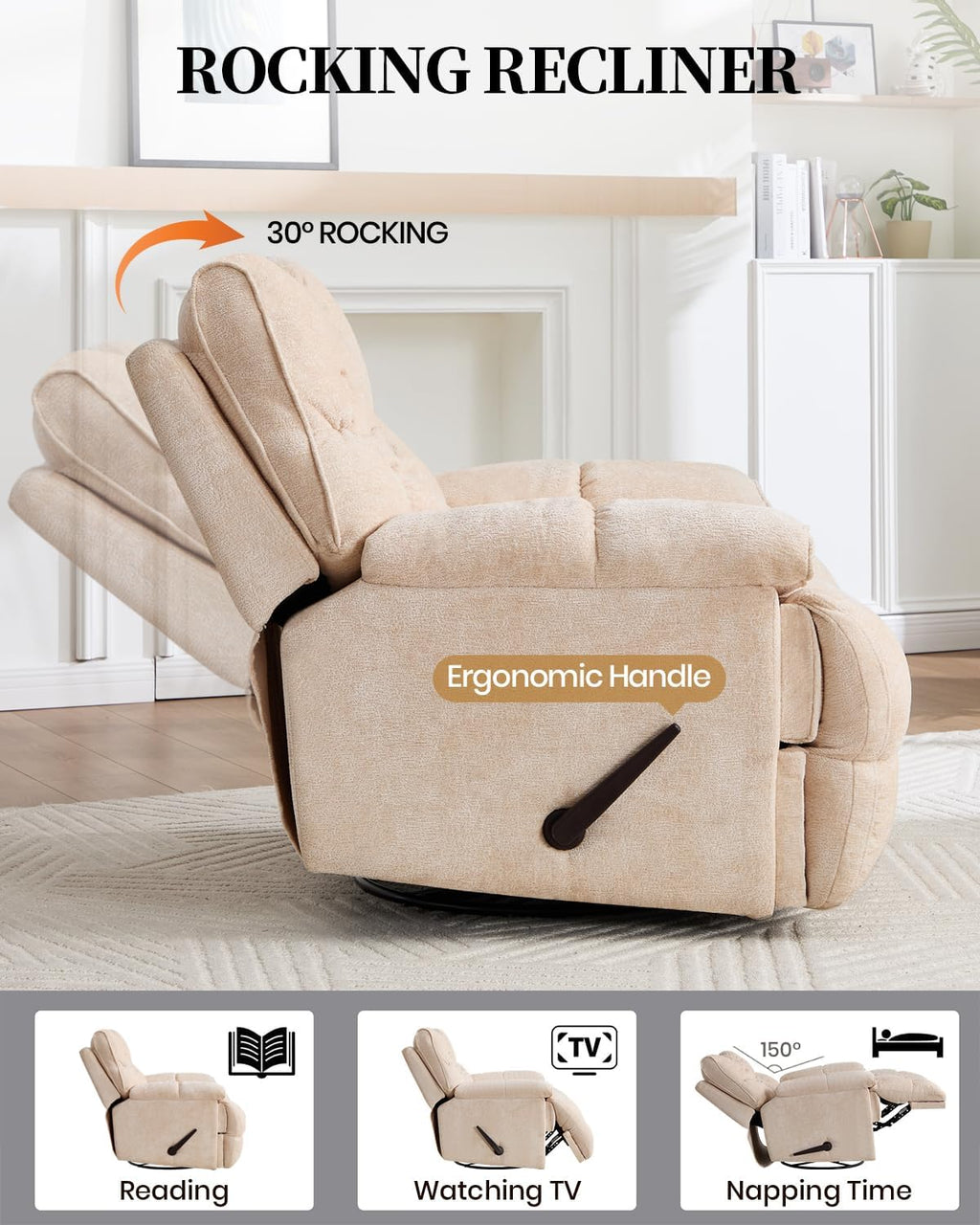 Oversized Manual Recliner Chair with 360° Swivel, Big and Tall Rocker Glider for Nursery Living Room, Chenille Overstuffed Reclining Sofa with Handle, 375lbs (Beige, Manual)