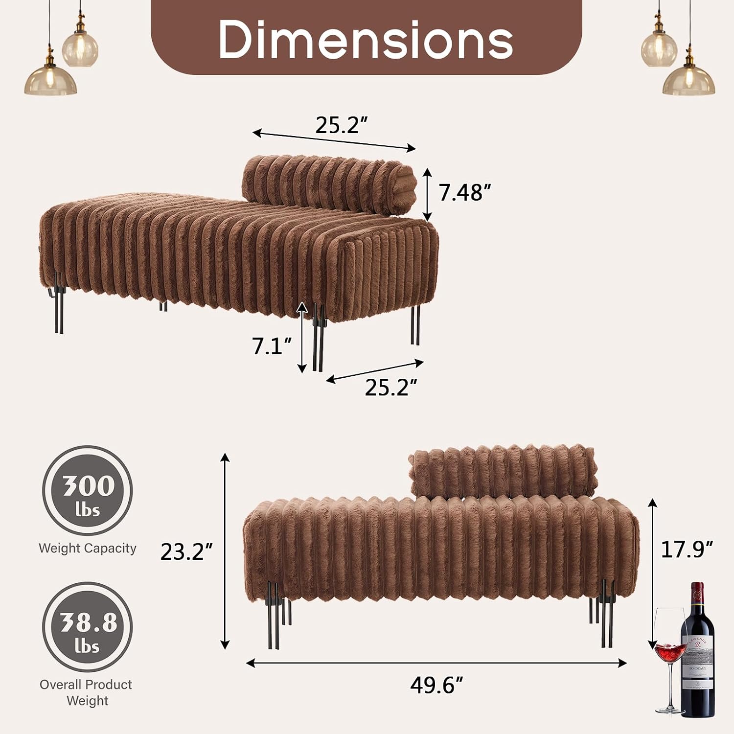 NIOIIKIT 49.6' Modern Loveseat Sofa Couch, Upholstered Accent Sofa with Golden Legs and Adjustable Backrest, Small Faux Fur Couches for Bedroom, Living Room, Compact Small Space (Brown)