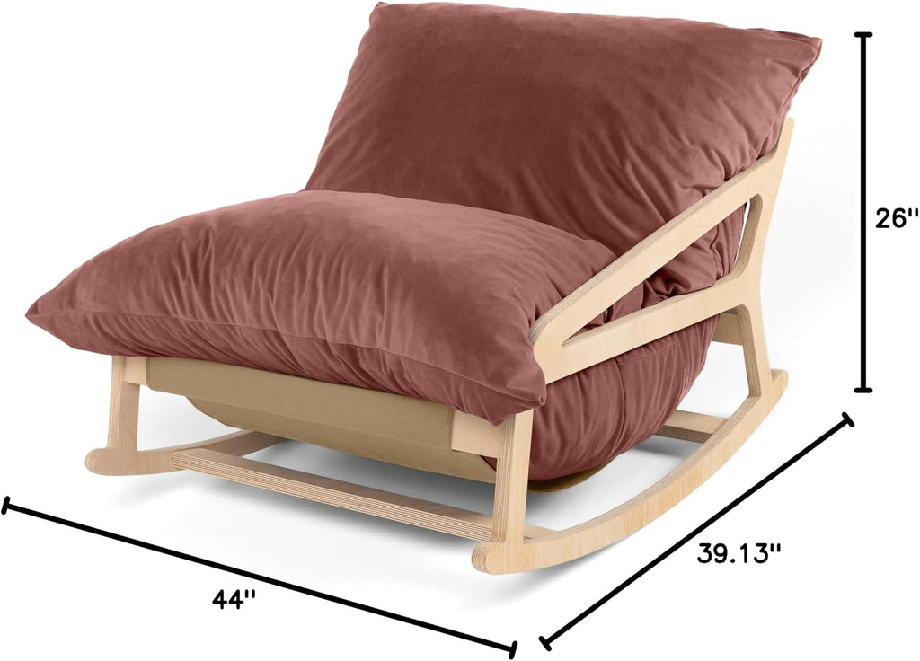 Pillow Saxx Bean Bag Rocking Chair - Elegant Oversized Rocker with Modern Wood Frame, Lush Velvet Mauve