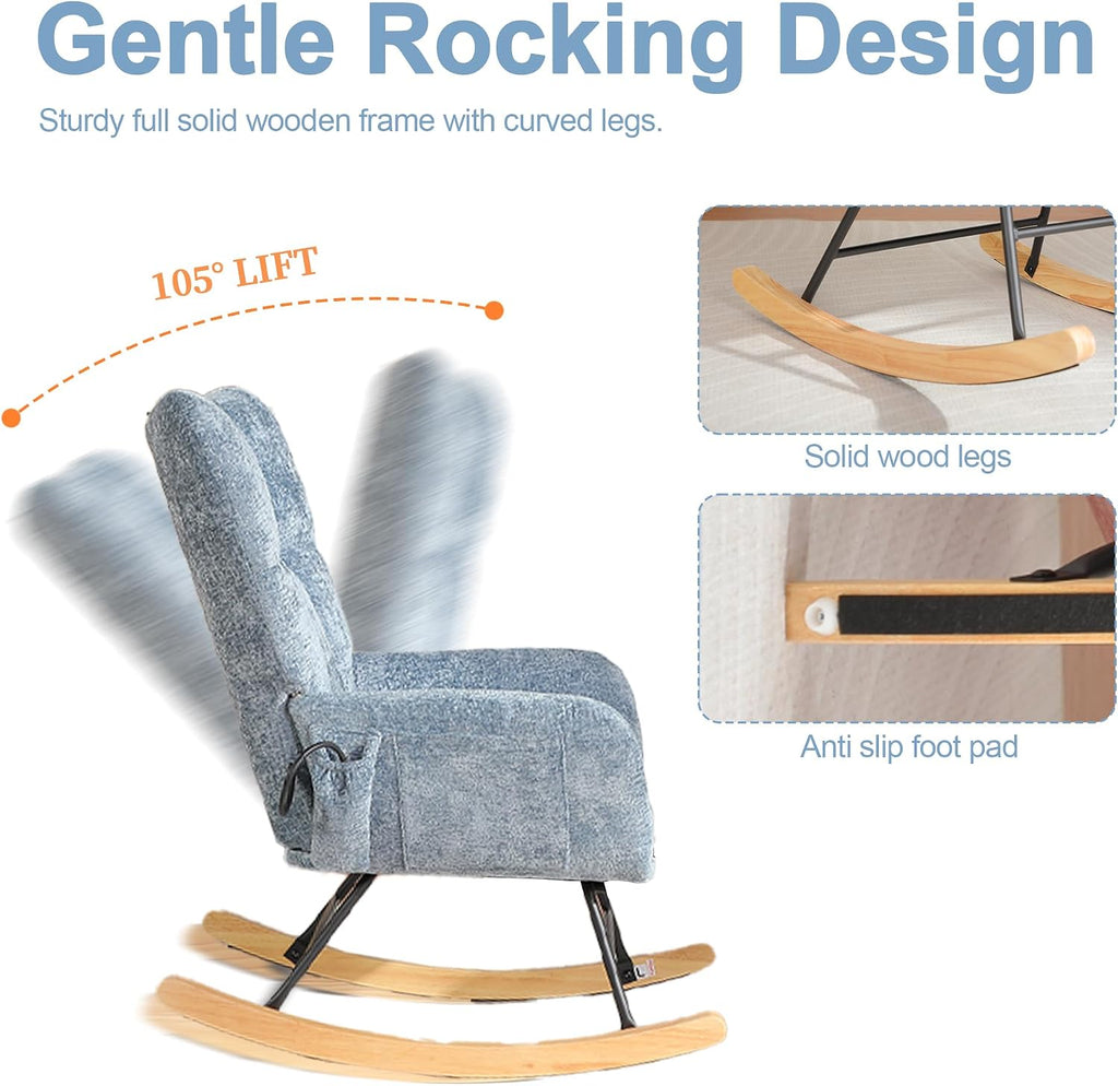 Rocking Chair Nursery with Airbag, Comfy Modern Nursery Rocking Reading Chair Indoor, Cozy Upholstered Glider Rocker Chairs for Living Room Bedroom Offices, (Chenille, Blue)
