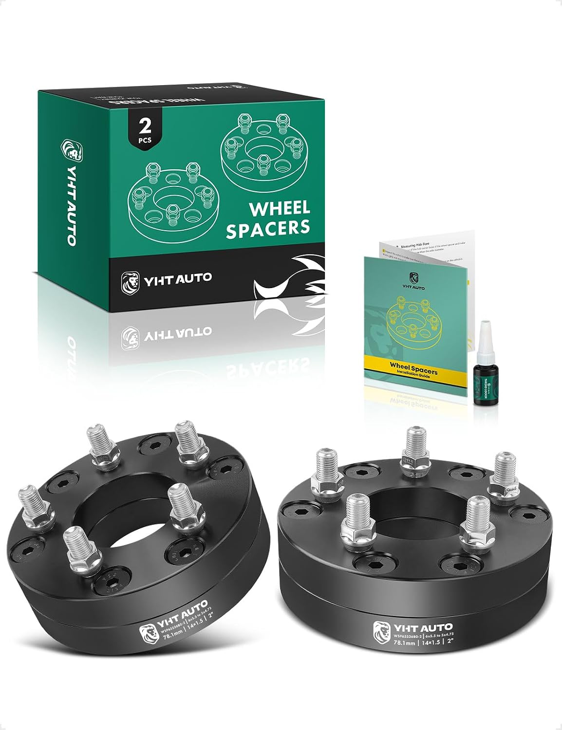 YHTAUTO 6x5.5 to 5x4.75 Wheel Adapters 2' Compatible with Chevrolet Cadillac GMC Ram Models: Silverado Yukon, Tire Spacers w/M14x1.5' & 12.9 Grade Studs, 78.1mm Center Bore 2PCS Black