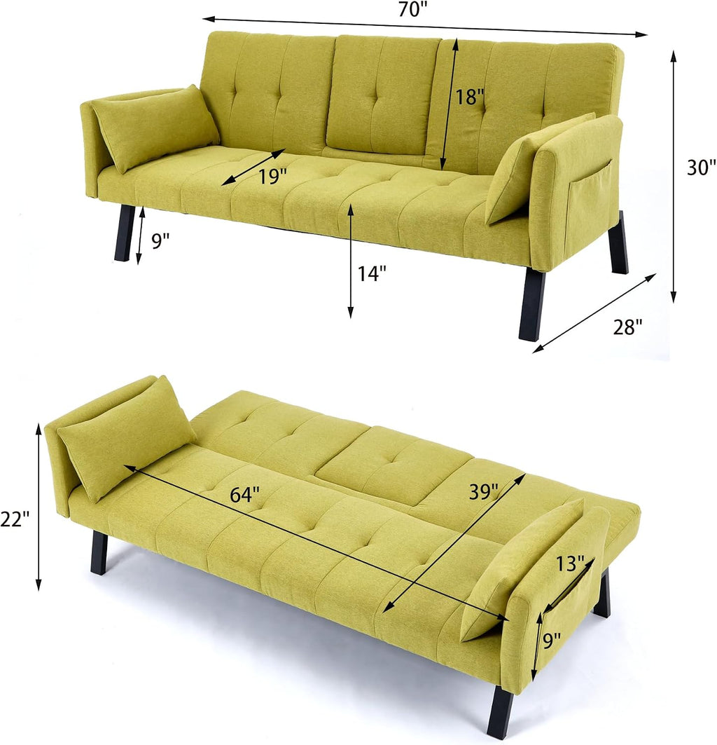 70' Futon Sofa with Cupholders,Adjustable Backrest Cotton Linen with Cup Holders and 2 Throw Pillows Sleeper Sofa for Living Room Apartment Small Space (Grass Green)