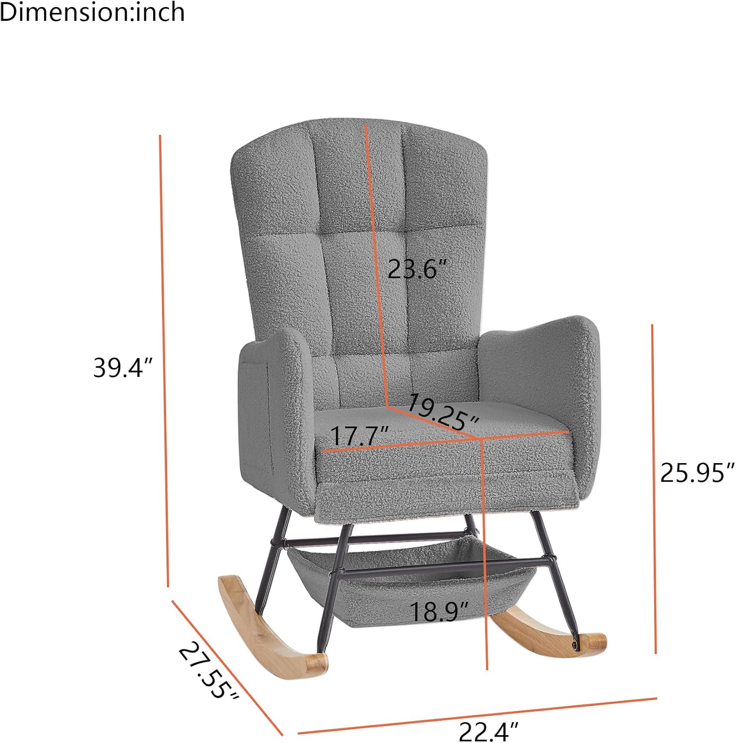 Teddy Upholstered Rocking Chair,Indoor Glider Chair with High Backrest and Side Pockets, Accent Arm Chair with Storage Bag for Living Room. (Grey)