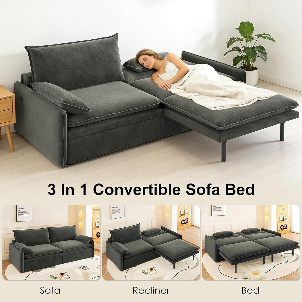 81' King Pull-Out Sofa Bed, 3-in-1 Convertible Sleeper Sofa Bed with Hidden Storage & USB Charging, Chenille Cloud Couch with Chaise Lounge for Living Room & Apartment, Dark Grey | Pullout Couch