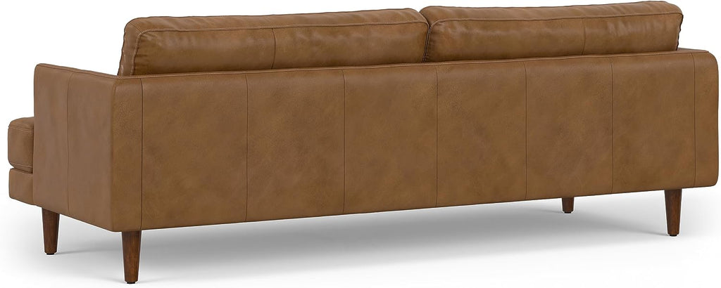 SIMPLIHOME Livingston Sofa - 90 inch Wide Top Grain Genuine Leather Sofa in Caramel Brown, Mid-Century Modern 3-Seater Couch for Living Room with Feather-Wrapped Cushions and Solid Wood Frame