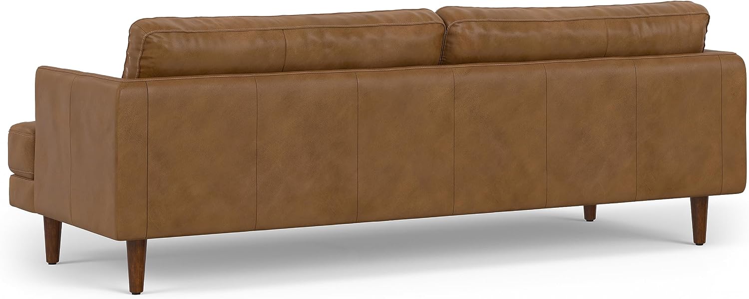 SIMPLIHOME Livingston Sofa - 90 inch Wide Top Grain Genuine Leather Sofa in Caramel Brown, Mid-Century Modern 3-Seater Couch for Living Room with Feather-Wrapped Cushions and Solid Wood Frame