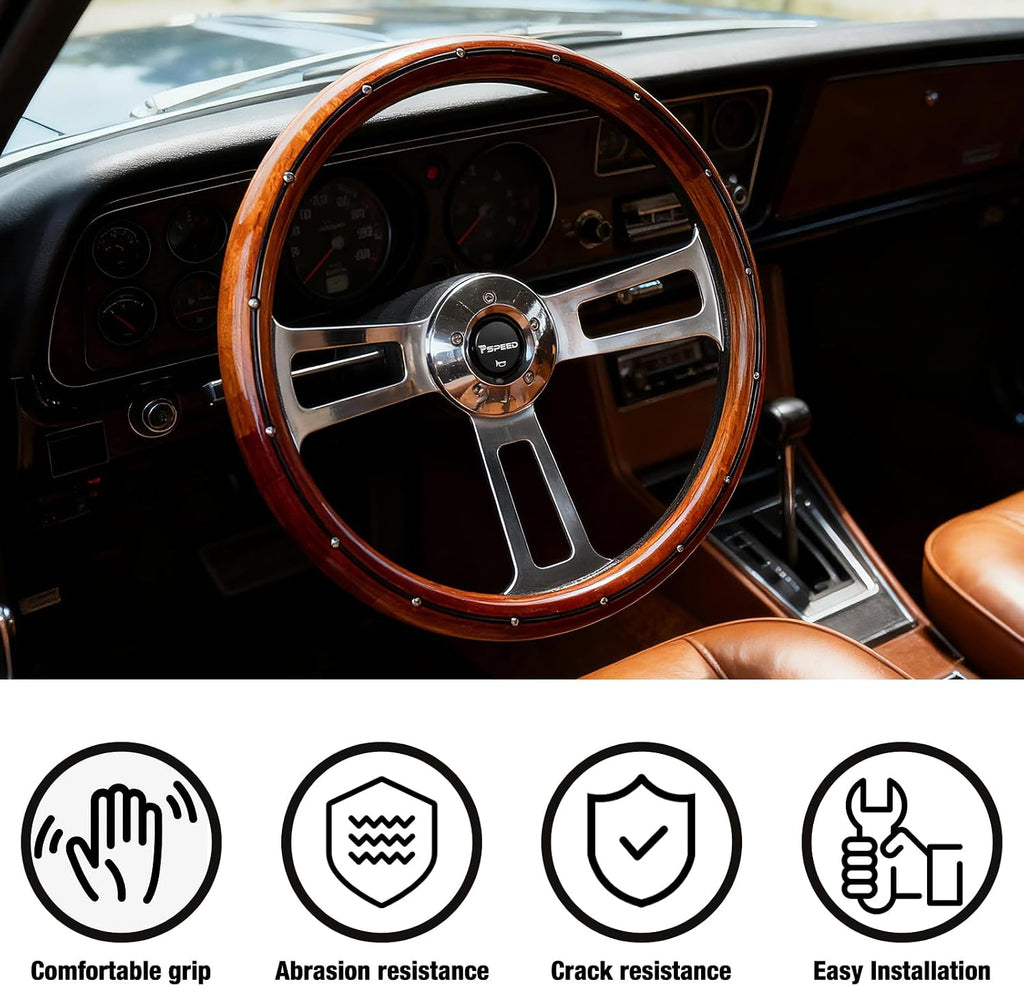 18' Solid Wood lacquering Truck Steering Wheel,Real Wood Grip 3 Spokes 5-Bolt Chrome-Plated aluminum Classic Steering Wheel fit for Kenworth,for Peterbilt,for Volvo,for Freightliner