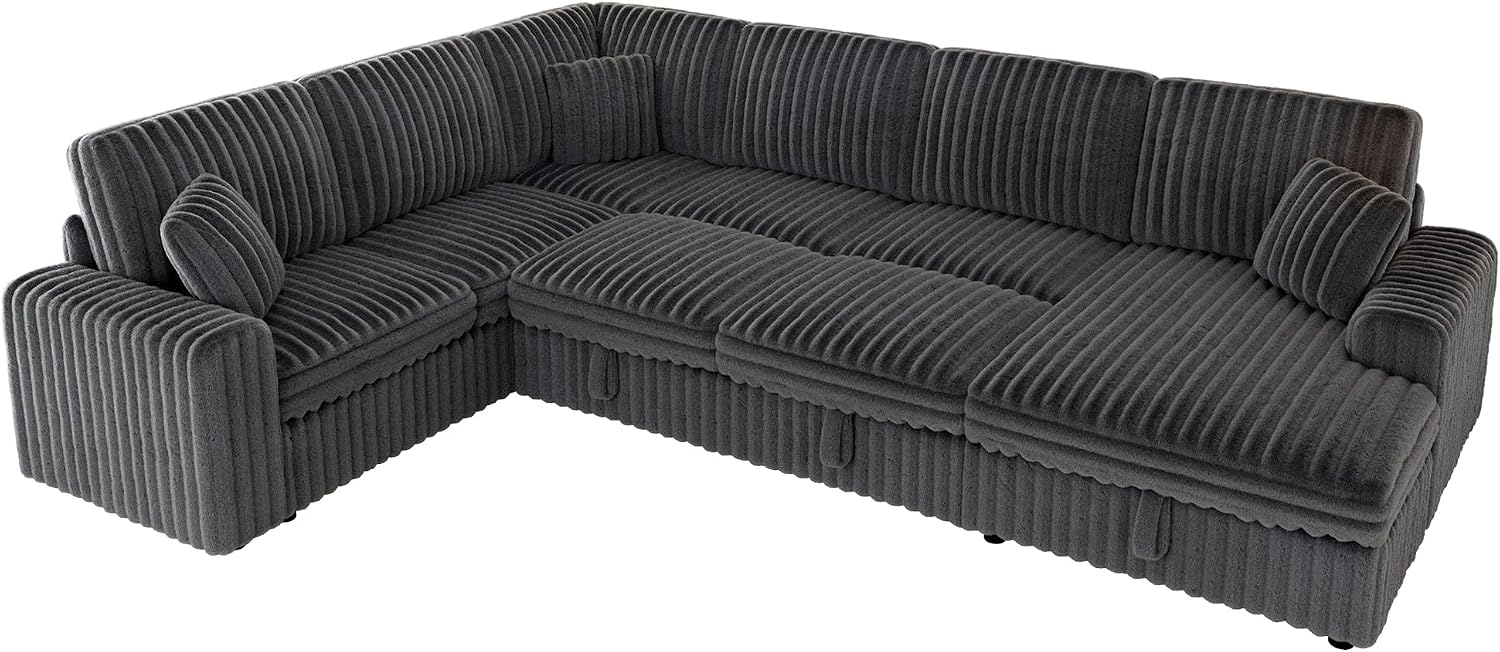 VanAcc 130' Sofa Bed, Sectional Sleeper Sofa with Pull Out Bed, Sleeper Couch for Living Room, 6 Seater Couch with Storage, Faux Fur Dark Grey