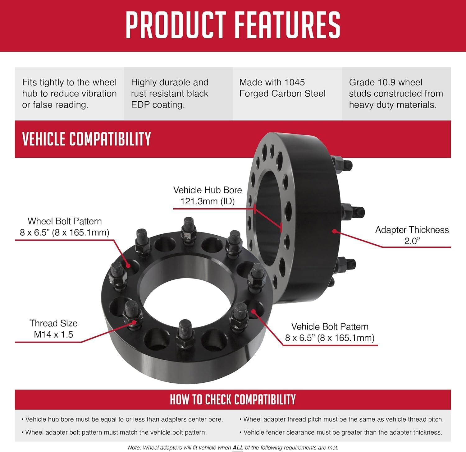 Wheel Accessories Parts 2 Pcs Steel Wheel Spacers 8 on 6.50 8x6.50 2.00 Inch Thick 121.3mm Hub M14x1.5 14x1.5 Thread Stud Fits Ram 2500 3500 Single Rear Wheel ｜ Dually Rear Wheel Vehicles F&R