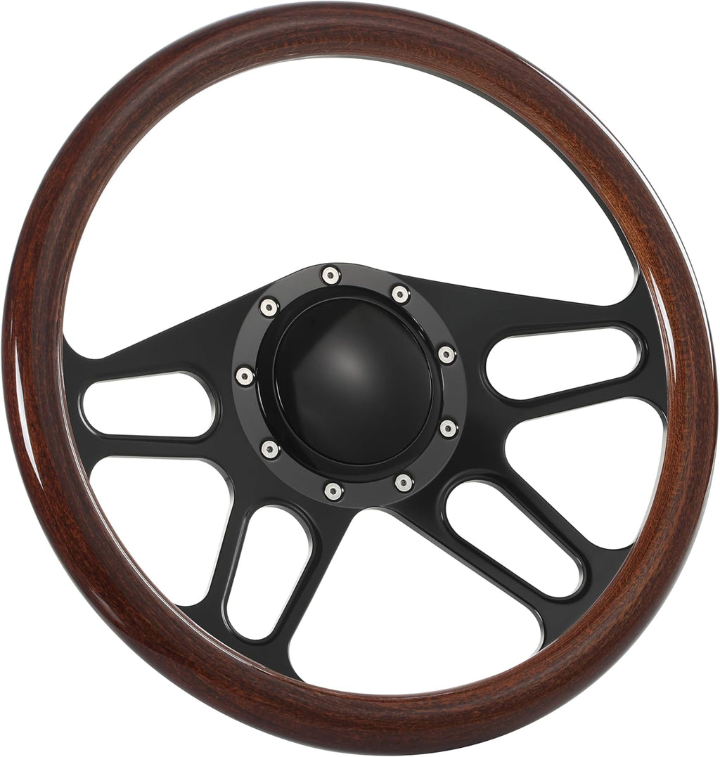 14'' Billet Half Wrap 9 Bolts Steering Wheel with 2'' Dish and Horn Button(Walnut Wood)