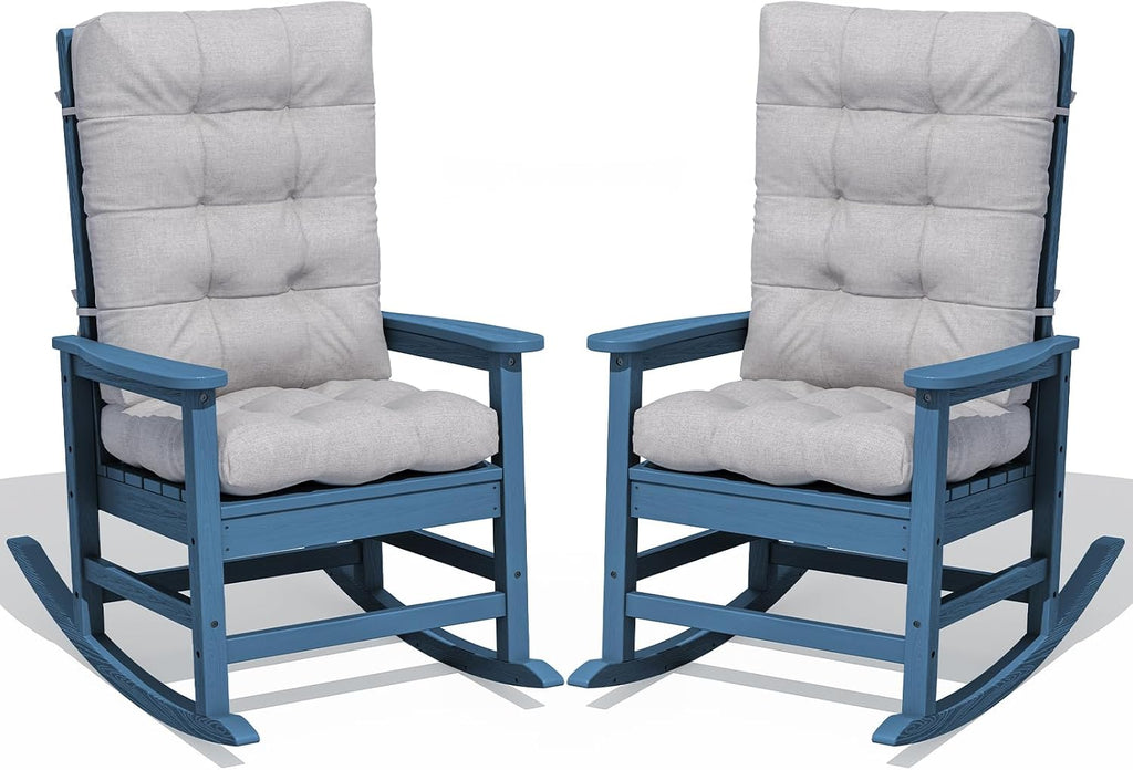 KINGYES Oversized Outdoor Rocking Chair with Cushion Set of 2, All-Weather Patio Rocking Chairs, HDPE Porch Rocker for Adults, 350 lbs Capacity, Blue Chair with Grey Cushion