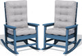 KINGYES Oversized Outdoor Rocking Chair with Cushion Set of 2, All-Weather Patio Rocking Chairs, HDPE Porch Rocker for Adults, 350 lbs Capacity, Blue Chair with Grey Cushion