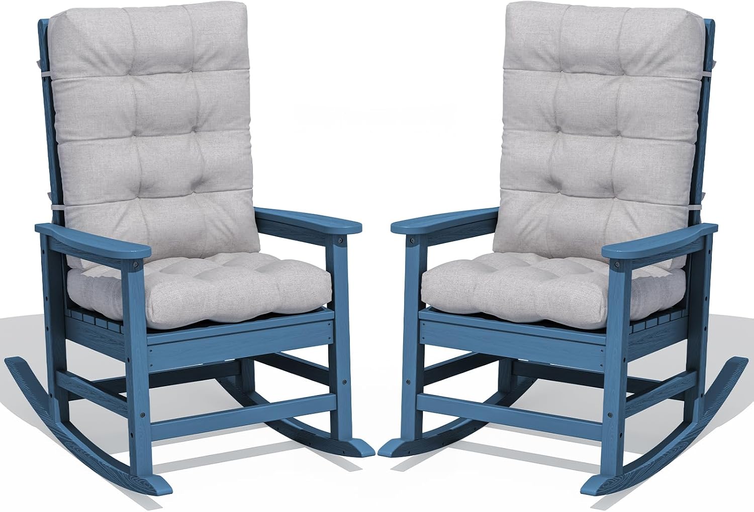 KINGYES Oversized Outdoor Rocking Chair with Cushion Set of 2, All-Weather Patio Rocking Chairs, HDPE Porch Rocker for Adults, 350 lbs Capacity, Blue Chair with Grey Cushion