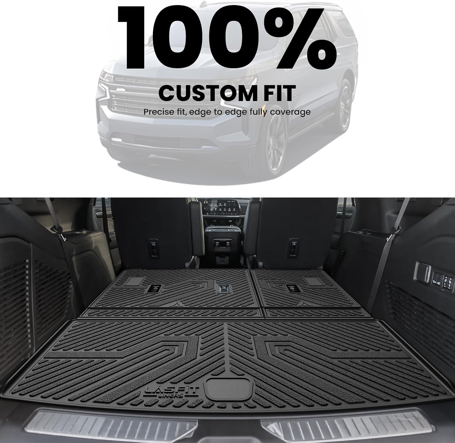 LASFIT Trunk Mat with Backrest Mat 2021-2026 for GMC Yukon (Only Yukon, Not Fit Yukon XL)/Cadillac Escalade (Only Escalade, Not Fit Escalade ESV)/Chevrolet Chevy Tahoe, All Weather TPE Custom Fit