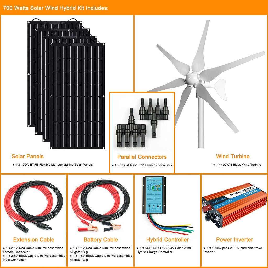 800 Watts 12 Volts Solar Panel Wind Turbine Hybrid System Kit: 4 pcs 100W ETFE Flexible Monocrystalline Solar Panel+400W Wind Turbine+1000W Inverter + Accessories,for Curvy Surface,Roofs,RV