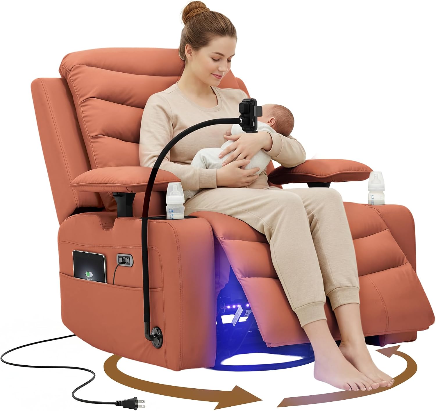 Olela Power Glider Recliner Nursery Chair, PU Leather Swivel Rocking Chair with Electric Lumbar Support, USB Charging, Smart Cup Holder, Light, Adjustable Armrest, Wireless Phone Charger Holder