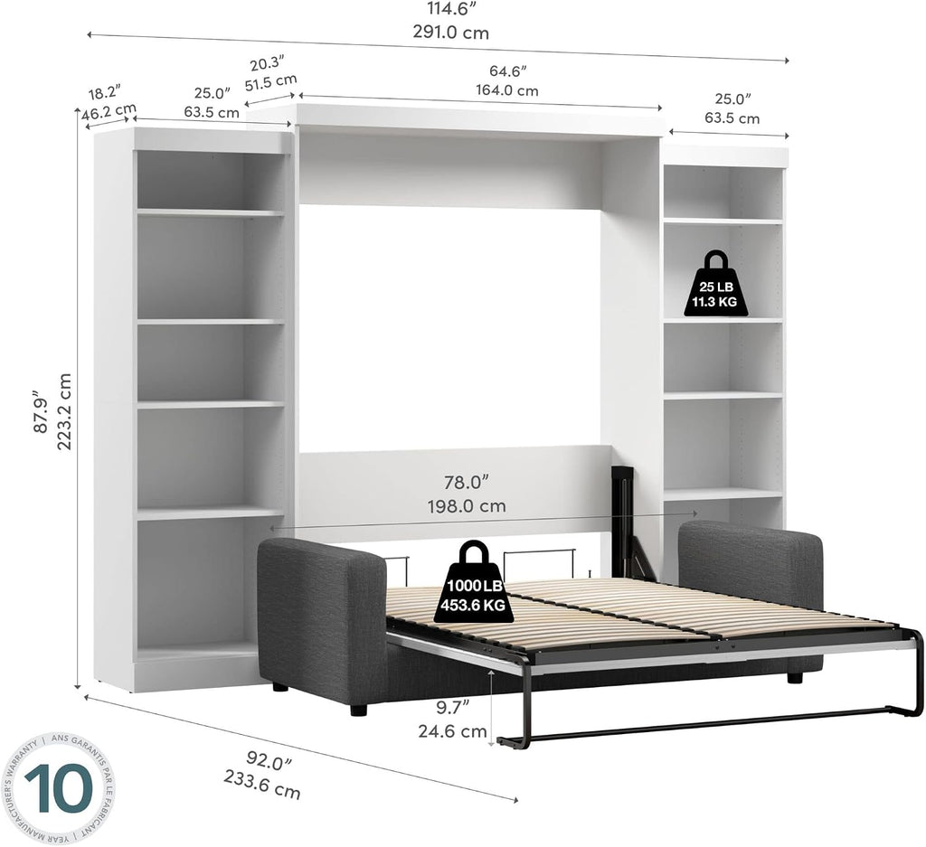 Bestar Pur Queen Murphy Bed with Sofa and Shelving Units, 115-inch Space-Saving Wall Bed