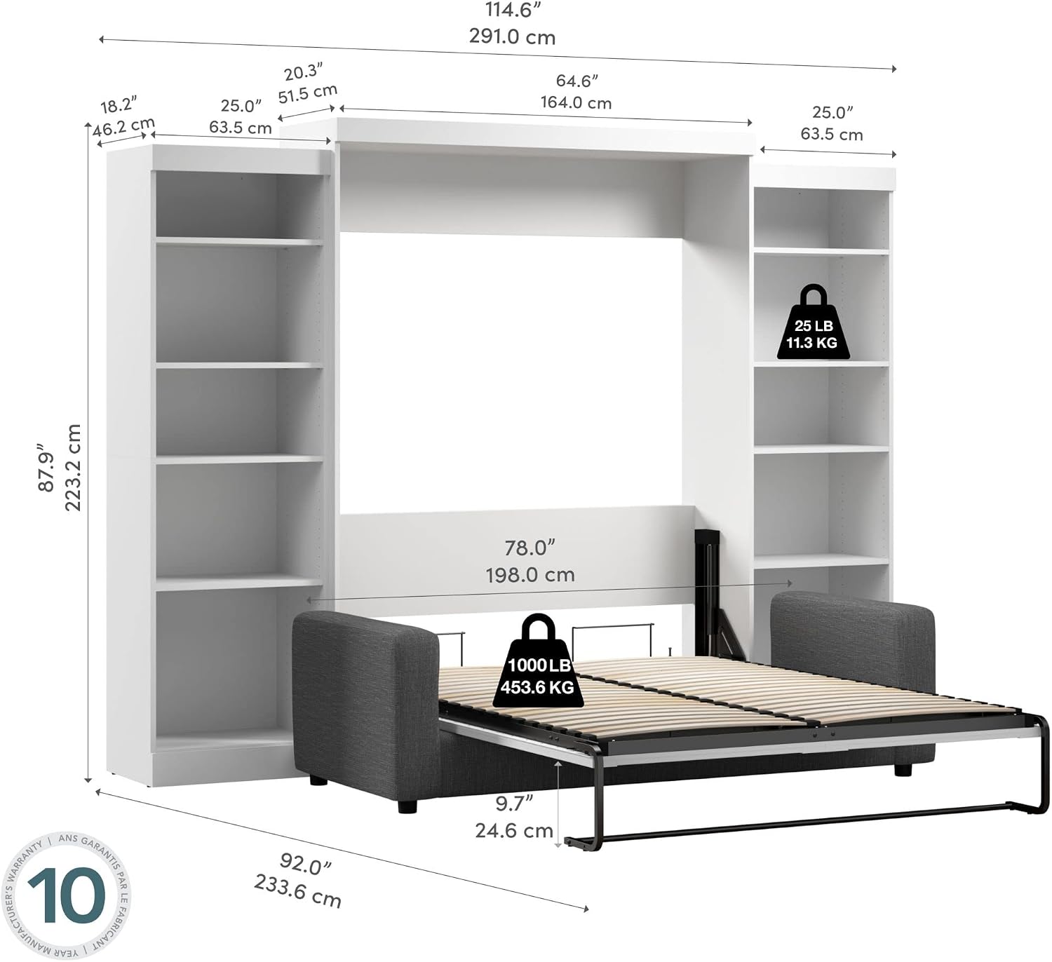 Bestar Pur Queen Murphy Bed with Sofa and Shelving Units, 115-inch Space-Saving Wall Bed