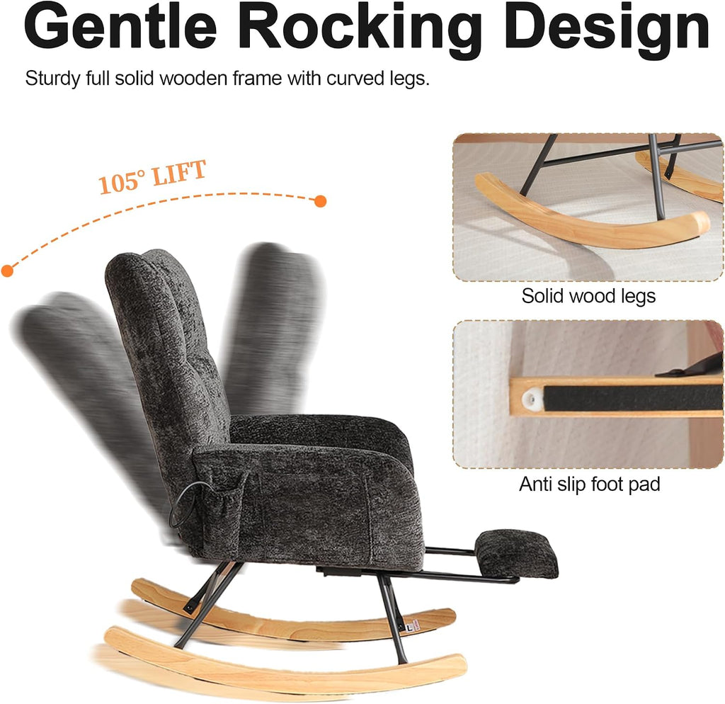 Rocking Chair Nursery with Airbag, Comfy Modern Nursery Rocking Reading Chair Indoor with Footrest, Cozy Upholstered Glider Rocker Chairs for Living Room Bedroom Offices, (Chenille, Black)