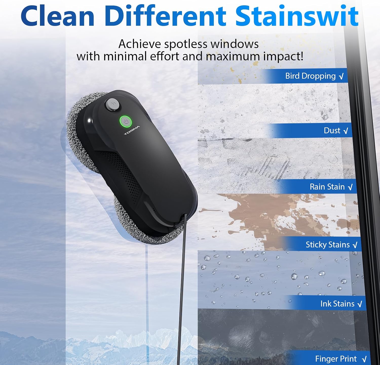 Tosima W5 Window Cleaning Robot, Dual Direction Auto-Spray Smart Window Cleaner with Triple Safety System, Smart Navigation, Remote Control, for All Smooth Surfaces, with 8 Rags, Black Robotic Vacuums