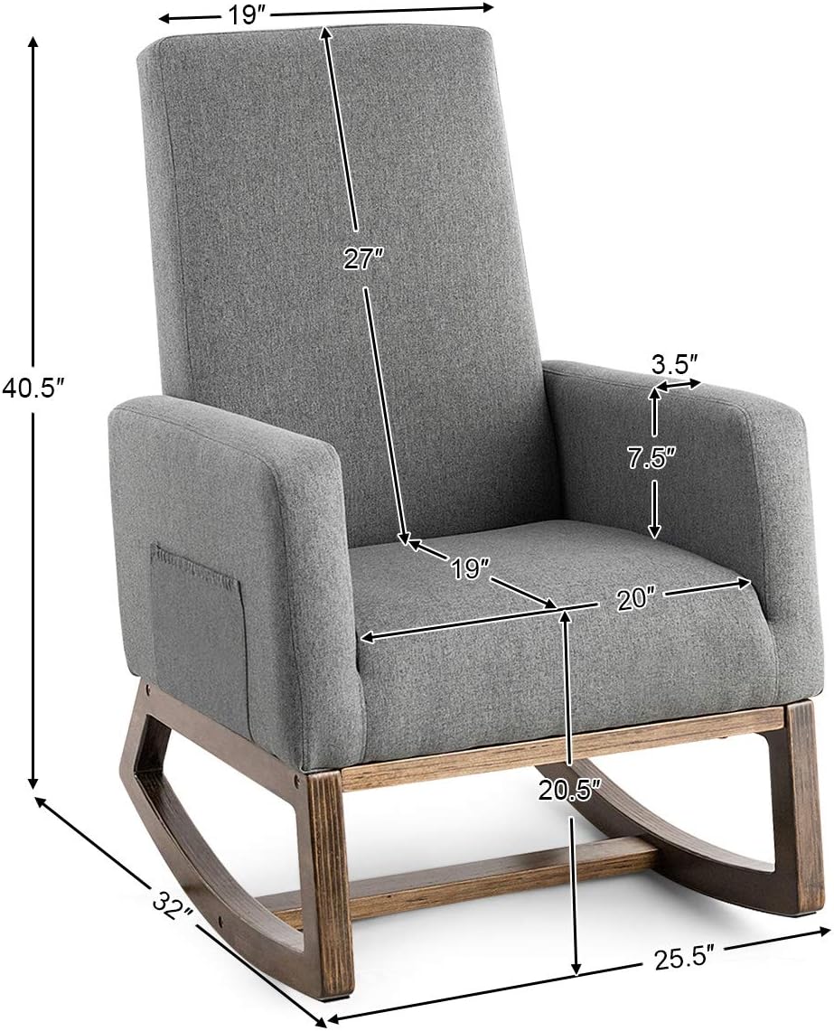 Giantex Rocking Chair Upholstered Living Room Chair with Padded Back and Seat, Wood Base, Rocking Chair for Nursery, Home Office & School Use (Gray)