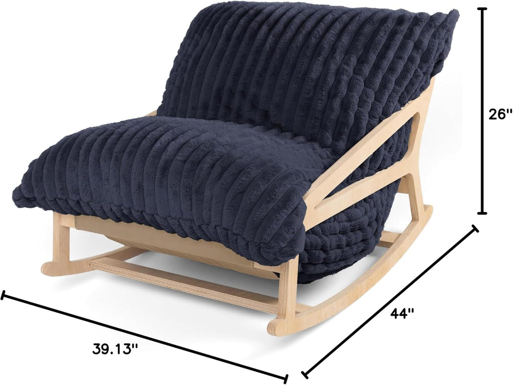 Pillow Saxx Bean Bag Rocking Chair - Elegant Oversized Rocker with Modern Wood Frame, Mondo Fur Midnight Blue