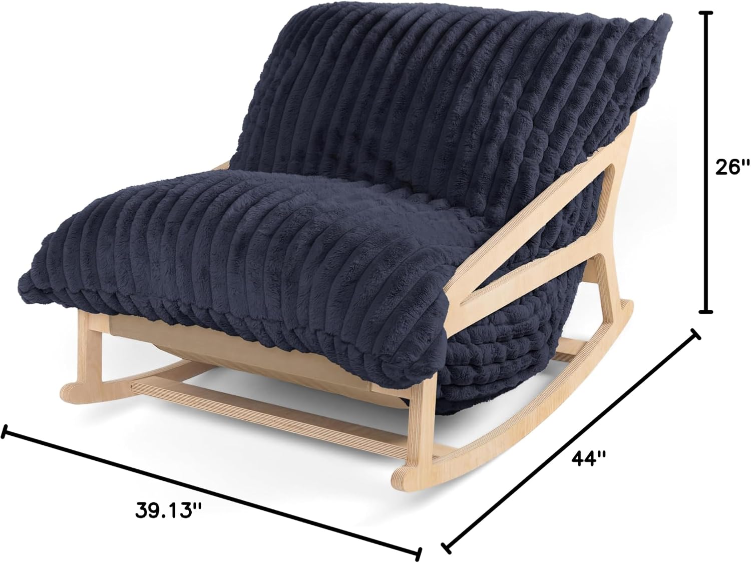 Pillow Saxx Bean Bag Rocking Chair - Elegant Oversized Rocker with Modern Wood Frame, Mondo Fur Midnight Blue