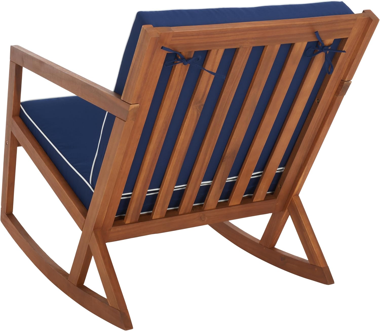 SAFAVIEH Outdoor Collection Vernon Natural/Navy Cushion with White Piping Rocking Chair
